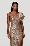 Sparkly Champagne Sheath Sequins Long Gala Dress