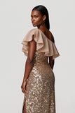 Sparkly Champagne Sheath Sequins Long Gala Dress