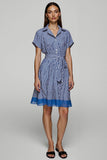 Blue Striped Chiffon Midi Work Dress with Sleeves