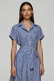 Blue Striped Chiffon Midi Work Dress with Sleeves