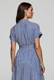 Blue Striped Chiffon Midi Work Dress with Sleeves