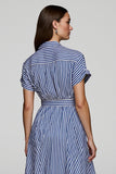 Blue Striped Chiffon Midi Work Dress with Sleeves