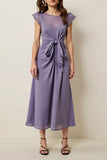 Grey Purple Chiffon A Line Midi Wedding Guest Dress with Sash