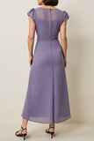 Grey Purple Chiffon A Line Midi Wedding Guest Dress with Sash