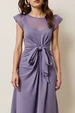Grey Purple Chiffon A Line Midi Wedding Guest Dress with Sash