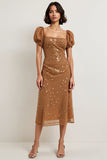 Sparkly Brown Lace A Line Midi Holiday Dress with Sleeves