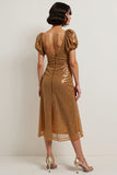 Sparkly Brown Lace A Line Midi Holiday Dress with Sleeves