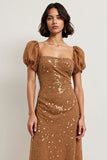 Sparkly Brown Lace A Line Midi Holiday Dress with Sleeves
