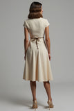 Apricot Satin Notched Lapel Midi Work Dress with Sleeves