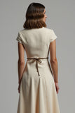 Apricot Satin Notched Lapel Midi Work Dress with Sleeves