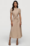 Khaki A Line Satin Midi Work Dress with Sleeves