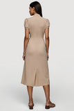 Khaki A Line Satin Midi Work Dress with Sleeves