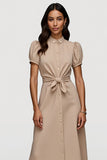 Khaki A Line Satin Midi Work Dress with Sleeves