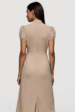Khaki A Line Satin Midi Work Dress with Sleeves