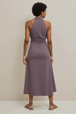 Purple Bodycon Satin Halter Midi Wedding Guest Dress