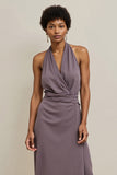Purple Bodycon Satin Halter Midi Wedding Guest Dress