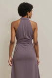 Purple Bodycon Satin Halter Midi Wedding Guest Dress