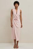 Pink Satin Shawl Lapel Bodycon Work Dress with Bow
