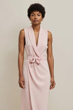 Pink Satin Shawl Lapel Bodycon Work Dress with Bow