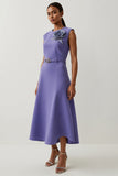 Purple Satin A Line Tea Length Wedding Guest Dress with 3D Flower