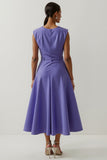 Purple Satin A Line Tea Length Wedding Guest Dress with 3D Flower