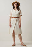Apricot A Line Notched Lapel Midi Work Dress with Belt