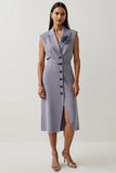 Grey Purple Satin Peak Lapel Work Dress with Slit