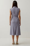Grey Purple Satin Peak Lapel Work Dress with Slit
