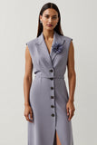 Grey Purple Satin Peak Lapel Work Dress with Slit