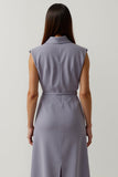 Grey Purple Satin Peak Lapel Work Dress with Slit
