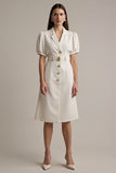 Ivory Satin Notched Lapel Midi Work Dress with Belt