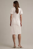 Ivory Satin Notched Lapel Midi Work Dress with Belt