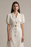Ivory Satin Notched Lapel Midi Work Dress with Belt