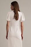 Ivory Satin Notched Lapel Midi Work Dress with Belt