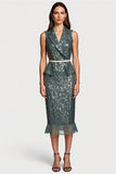 Sparkly Grey Green Sequins Bodycon Midi Work Dress with Ruffles