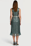 Sparkly Grey Green Sequins Bodycon Midi Work Dress with Ruffles