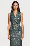 Sparkly Grey Green Sequins Bodycon Midi Work Dress with Ruffles