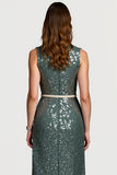 Sparkly Grey Green Sequins Bodycon Midi Work Dress with Ruffles