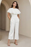 White Round Neck Long Women Jumpsuits with Lace