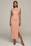 Blush Sheath Satin Wedding Guest Dress with Slit