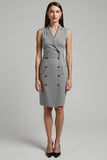 Grey Satin Double Breasted Midi Work Dress with Belt
