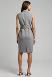 Grey Satin Double Breasted Midi Work Dress with Belt