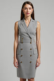 Grey Satin Double Breasted Midi Work Dress with Belt