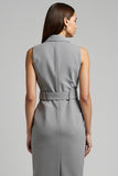 Grey Satin Double Breasted Midi Work Dress with Belt