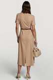 Camel Satin Bodycon Midi Work Dress with Sleeves