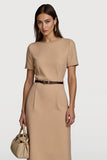Camel Satin Bodycon Midi Work Dress with Sleeves