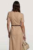 Camel Satin Bodycon Midi Work Dress with Sleeves