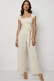 Apricot Satin Square Neck Work Jumpsuits with Sash