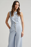 Blue Satin Long Work Jumpsuit