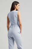 Blue Satin Long Work Jumpsuit